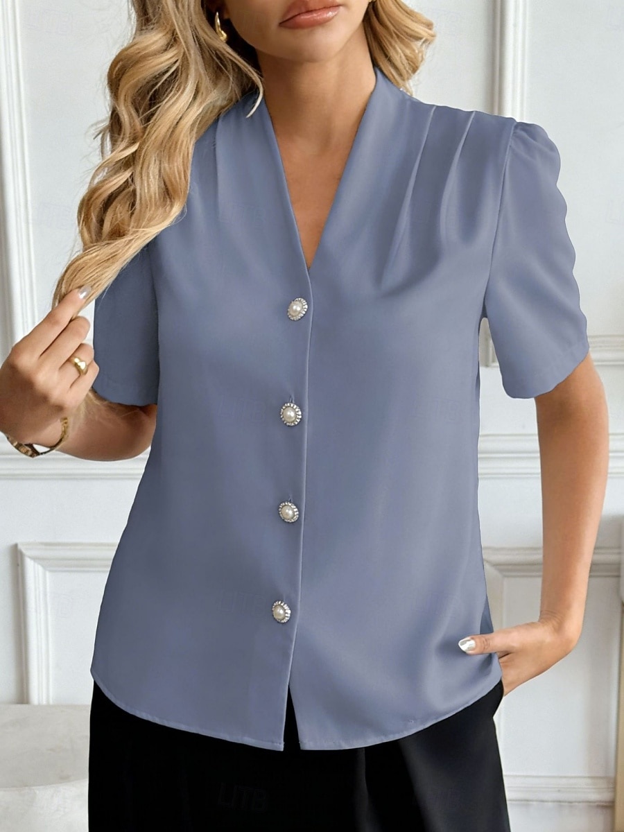 Mujer Camisa Camisa con botones Camisa casual Botones Plano Elegante Clásico Moderno Manga Corta Escote en Pico Tops regulares Diario Festivos Noche Azul Piscina Negro Blanco Vino Albaricoque Verano 2026 - $31.99 –P6