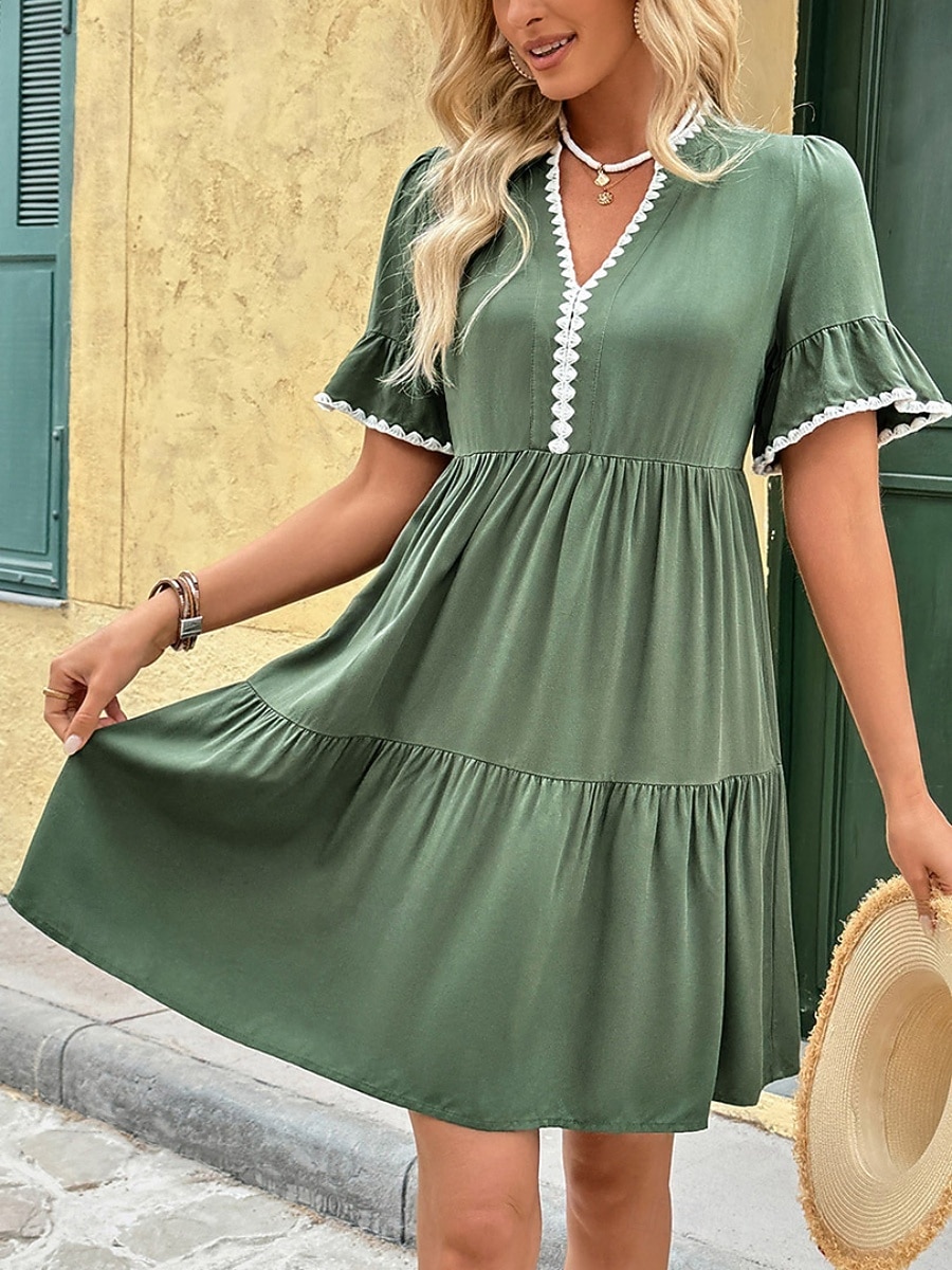 Dames Mini-jurk A lijn jurk Zomerjurk Casual Dagelijks Normale pasvorm Effen Korte mouw V-hals Groen Zomer 2026 - $36.99 –P6