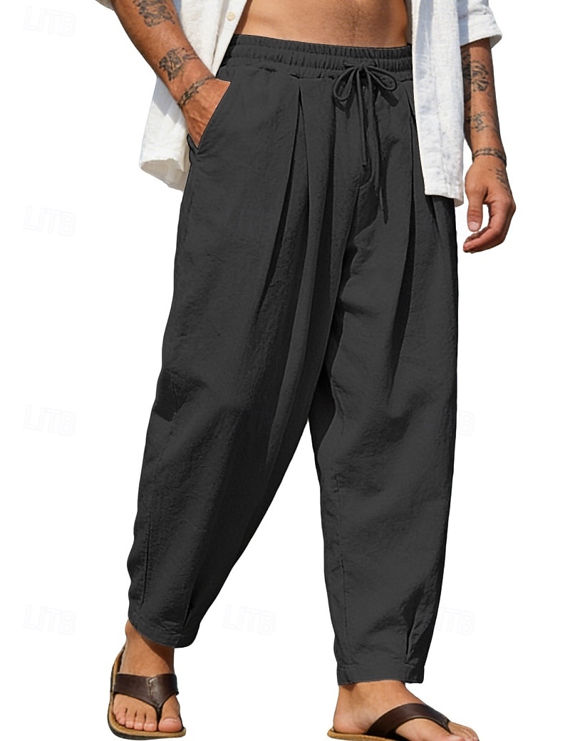 Homens Calças de linho Calça verão Calças de praia Com Cordão Bolsos Tecido Confortável Respirável Comprimento total Diário Casa Ao ar livre Férias Simples Preto Branco Sem Elasticidade de 2026 por $25.99 –P10
