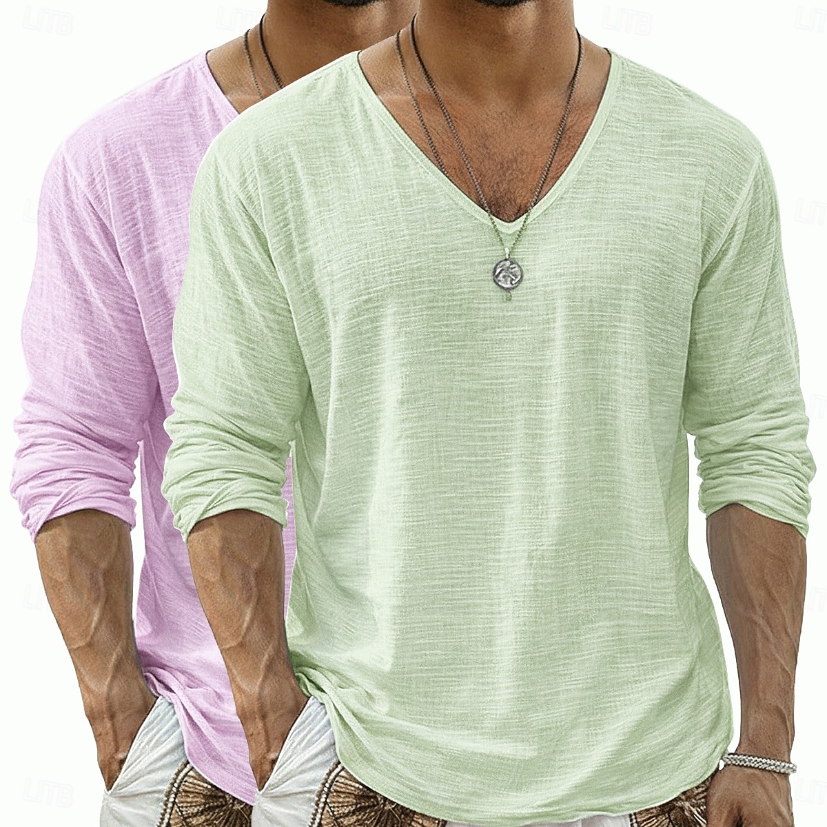 2 st herrtröja i linne med lång ärm, v-ringning, sommar, vår, vår &sommar enfärgad enfärgad daglig avslappnad gatustil 2-delad enfärgad flerpack avslappnad utomhus gatustil rosa lila rosa grön topp 2026 - $34.99 –P7