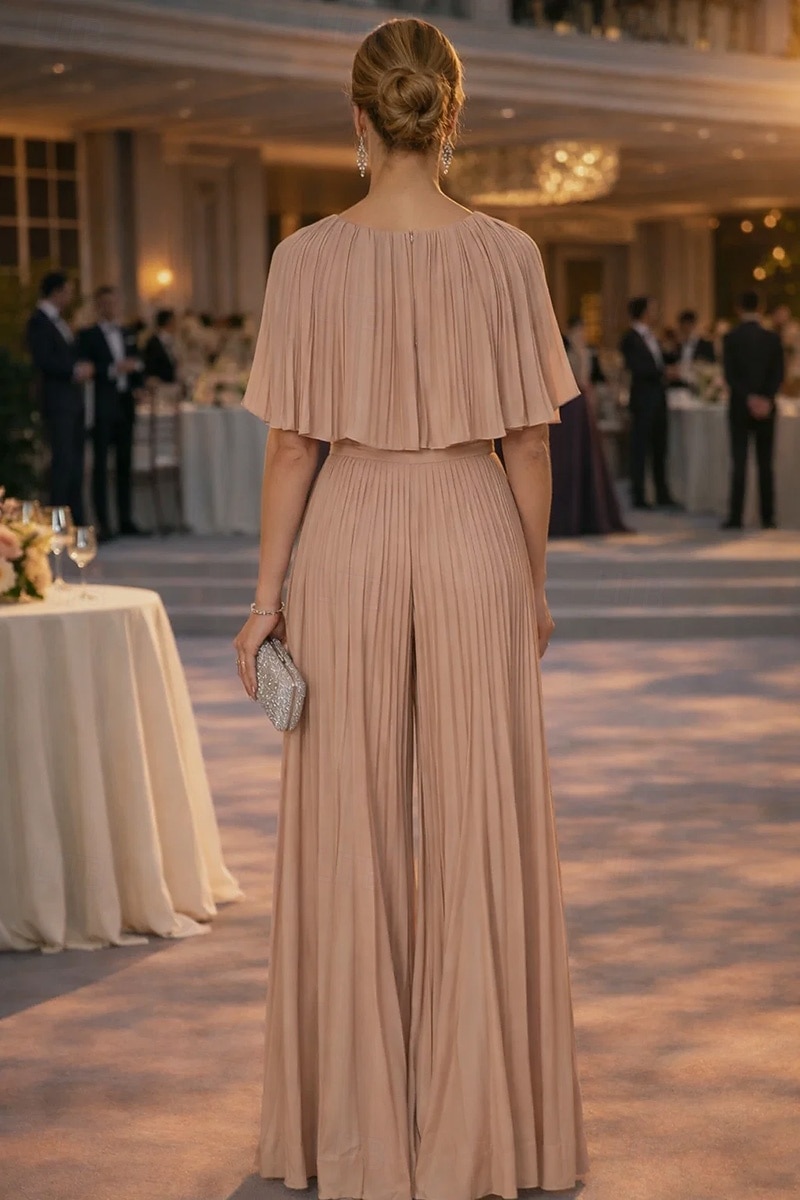 Overall Hosenanzug Bodenlang Brautmutterkleid Kurzarm Halbarm Rundhalsausschnitt Elegant Einfach Lässig Formell Hochzeitsgast Hochzeitsfeier Chiffon Schals mit Falten 2026 - $171.99 –P3