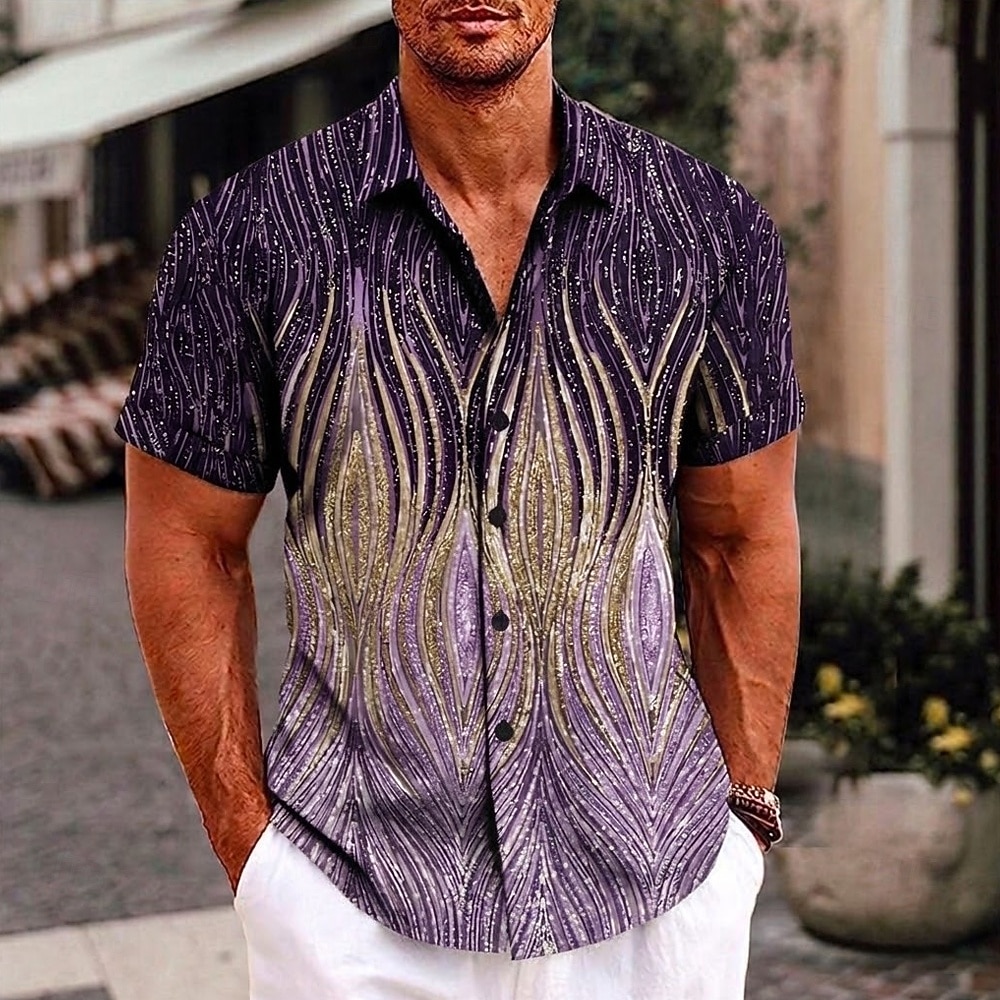 Hombre de impresión en 3D Diseño Geométrico Camisa Abotonar la camisa Manga Corta Moda Ropa de calle Design Diario Exterior Verano Primavera Cuello Vuelto Estampado Plata Rosa Morado Dorado Verde 2026 - $25.99 –P4