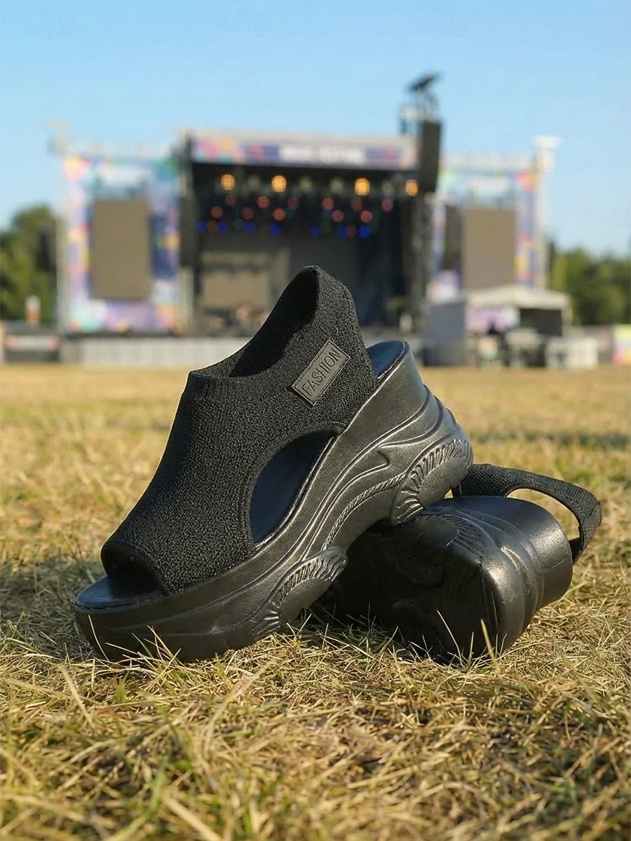 Dámské moderní černé sportovní sandály na platformě - prodyšné boty na klínku s flyknit podrážkou na hudební festivaly a venkovní koncerty &Drsné letní streetwear 2026 - $32.99 –P1