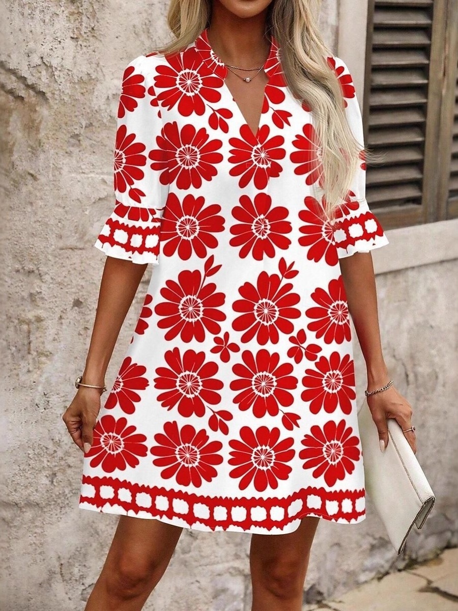 Women's Mini Dress Shift Dress Casual Dress Print Dress Fashion Modern Daily Vacation Going out Regular Fit Floral Long Sleeve V Neck Blue Black Red Fuchsia Spring Fall 2026 - $33.99 –P9
