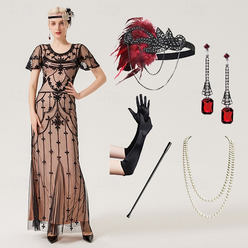 Řvoucí 20s 20. léta 20. století Po kotníky Šaty Večerní šaty Úbory Krátké rukávy Velký Gatsby Charleston Svatební host Peří Do V Maškarní kostým Dámské Nový rok Plesová maškaráda Maturitní ples 2026 - $84.99 –P5