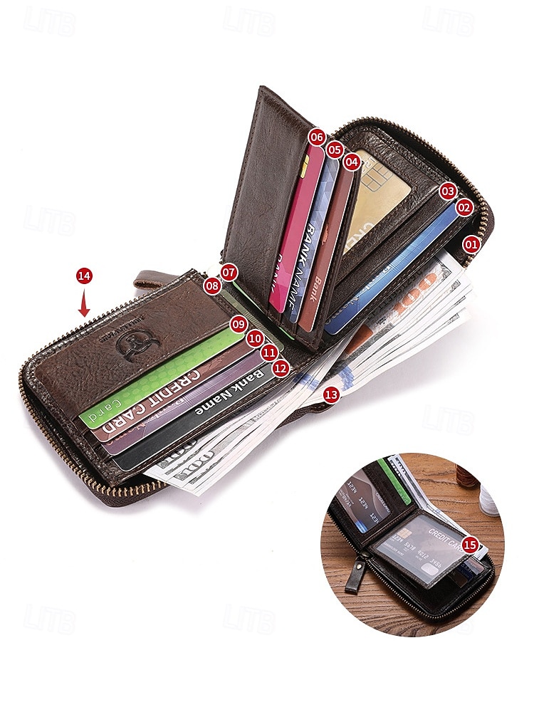 Herre vintage lommebok i ekte skinn i flere farger stor kapasitet flere kort glidelås rundt bifold lommebok for uformell daglig bruk, reiseferie og hverdagsbruk 2026 - $26.99 –P10