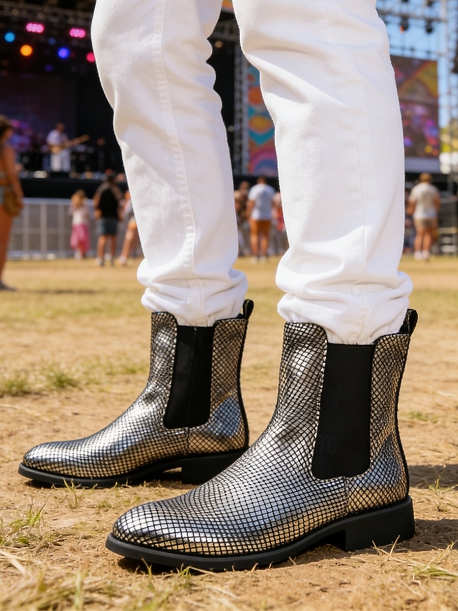Metallic zilveren Chelsea boots voor heren met spitse neus, modieuze enkellaarsjes voor muziekfestivals, podiumoptredens, concerten, feestjes, streetstyle en opvallende mode-looks. 2026 - $59.99 –P3