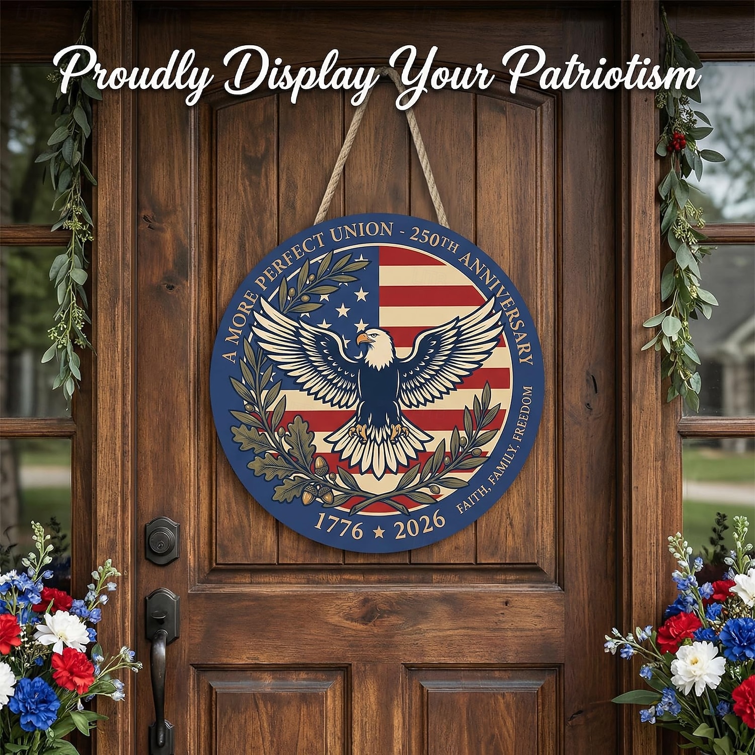 Az USA 250. évfordulójára készült fa ajtótábla – 30 cm-es kerek, fából készült tornácdísz kopasz sassal és zászlóval, hazafias július 4-i dekoráció, 1776–2026 közötti függetlenség napja 2026 - $12.99 –P2