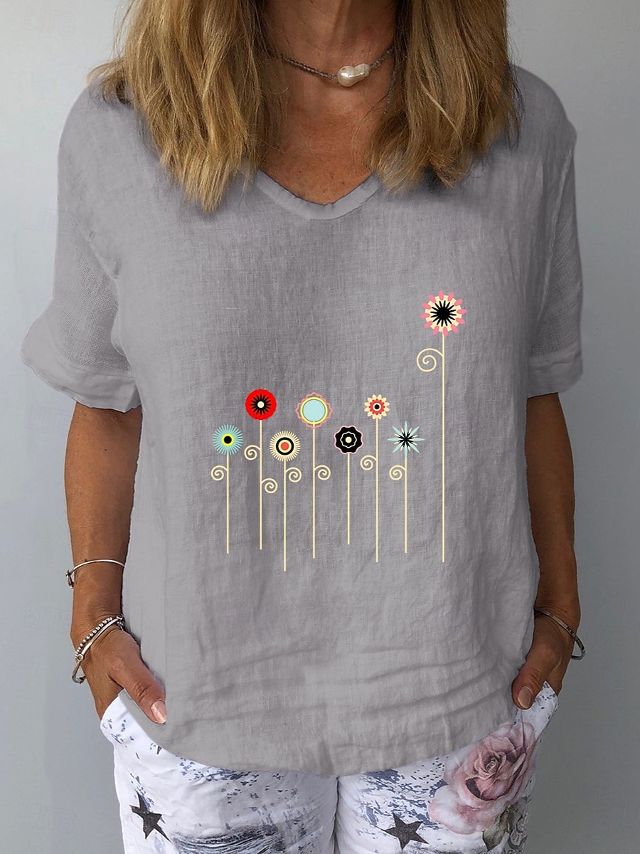 Damen Baumwoll Mischung T Shirt Druck Grafik Pflanzen Mode Stilvoll Klassisch Kurzarm V Ausschnitt Normale Oberteile Täglich Ausgehen Wochenende Weiß Gelb Tintenblau Grau Leicht Blau Sommer Frühling 2026 - $19.99 –P4