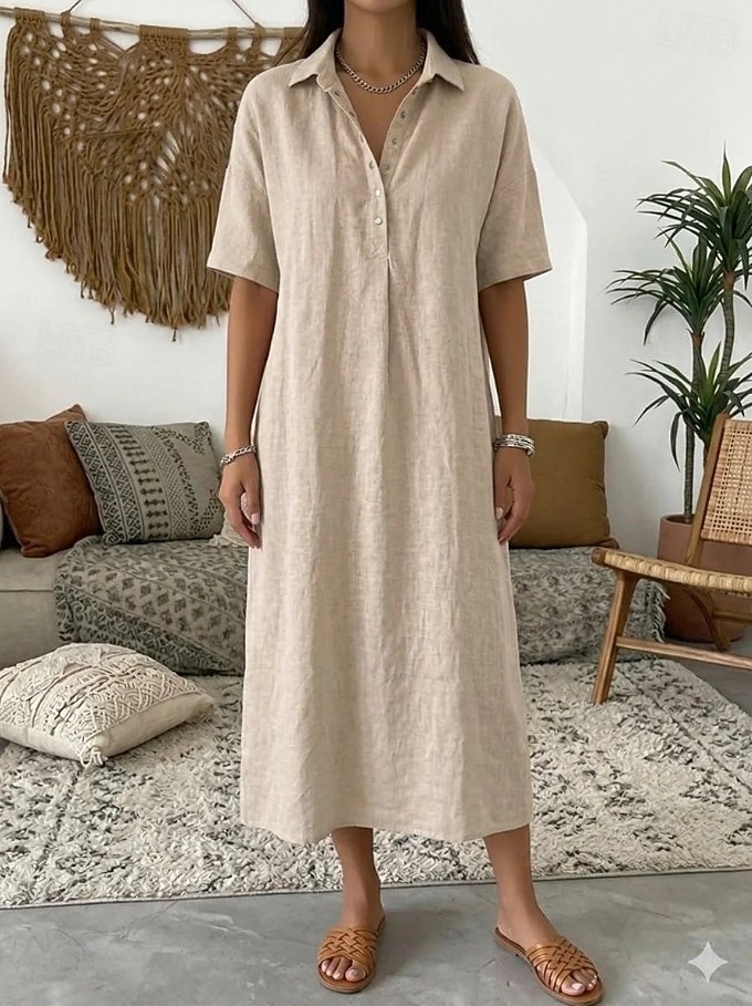 Dames Halflange jurk Zonnejurk Zomerjurk Vakantie Casual Boho Dagelijks Feestdagen Uitgaan Ruim Passend Effen Korte mouw Revers blauw Grijs roze Zwart Geel Zomer Lente 2026 - $32.99 –P4