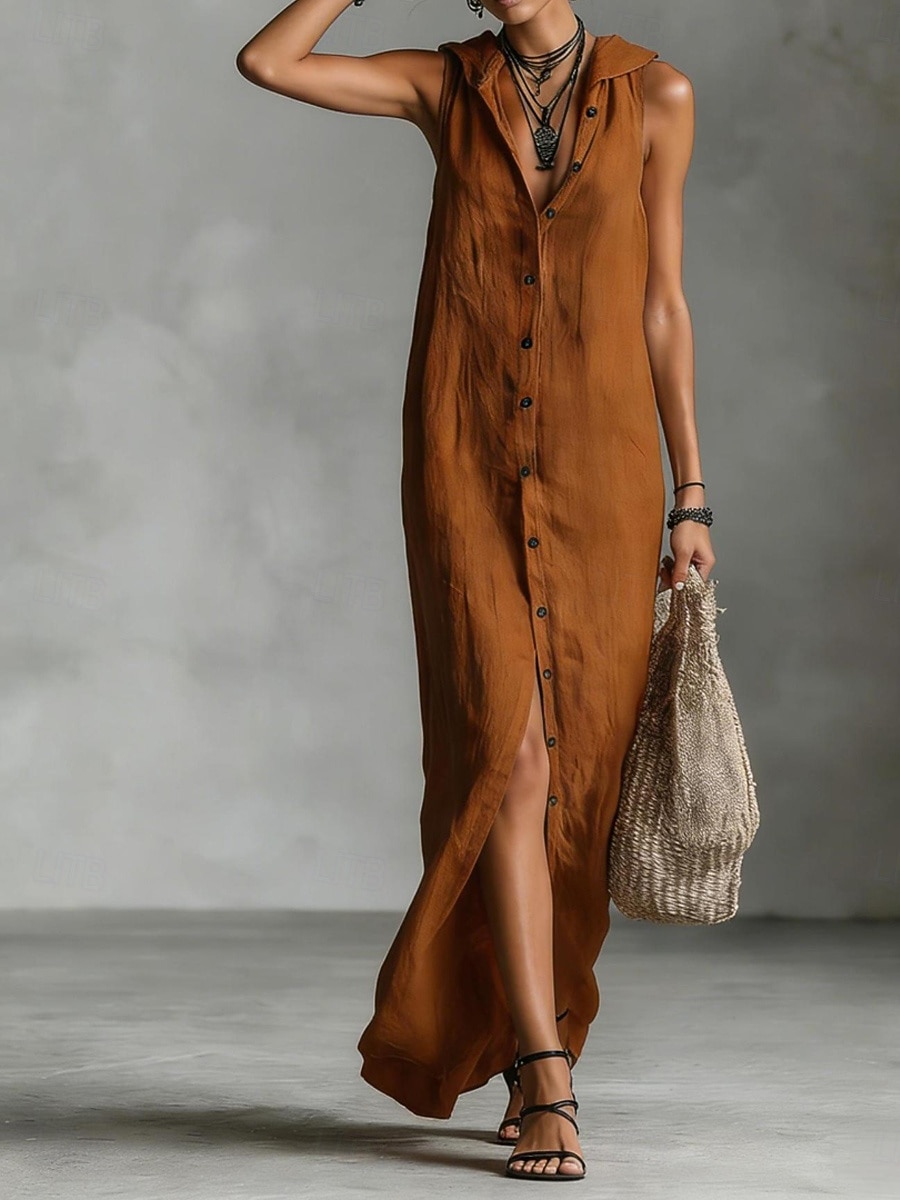 Women's Maxi Dress Linen-feel Dresses Shirt Dress Casual Dress Cotton Linen Dress Elegant Fashion Modern Outdoor Vacation Going out Regular Fit Plain Sleeveless Hooded Black Dusty Rose Navy Blue 2026 - $39.99 –P9