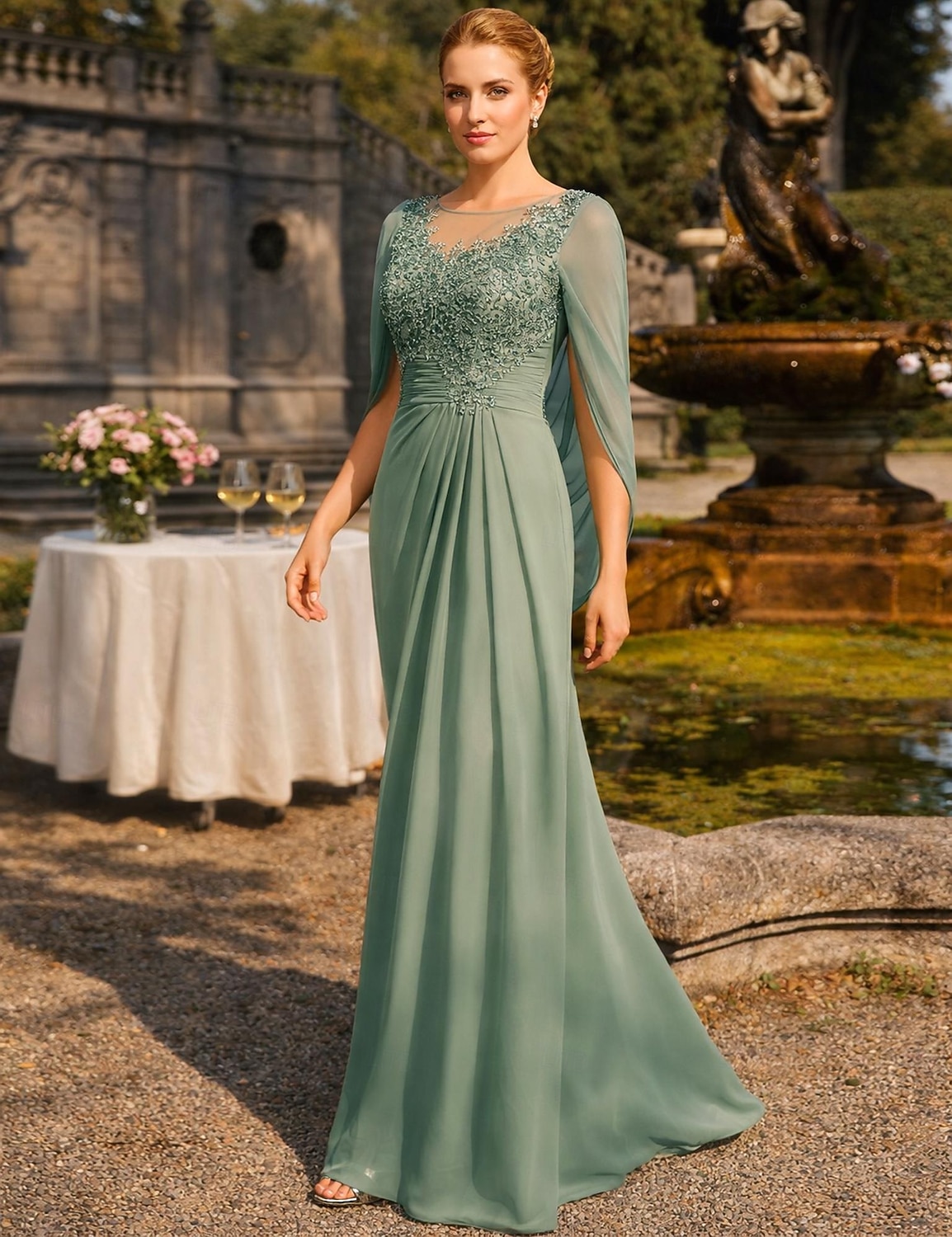 Ołówkowa Kolumnowa Sukienki Sięgająca podłoża Sukienka dla gościa weselnego Suknia Suknia wieczorowa Sukienka dla matki panny młodej Rękaw 1/2 Zaokrąglony Elegancja Formalny Szyfon z Koronka Z 2026 - $208.99 –P3