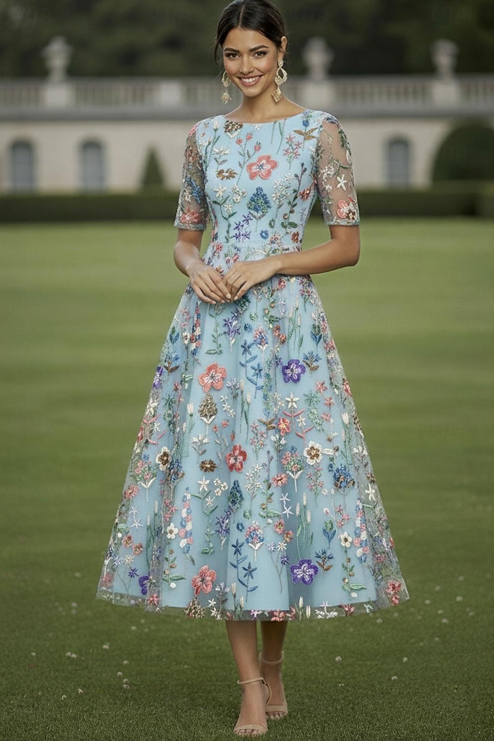 A-linje Kjoler Te-lengde Cocktail Kjole Gjestekjole til bryllup Kjole til brudens mor Halvlange ermer Crew-hals Elegant Fritid Formell Bryllupsgjest Kentucky Derby Chiffon Tyll med Blomstertrykk 2026 - $163.99 –P1