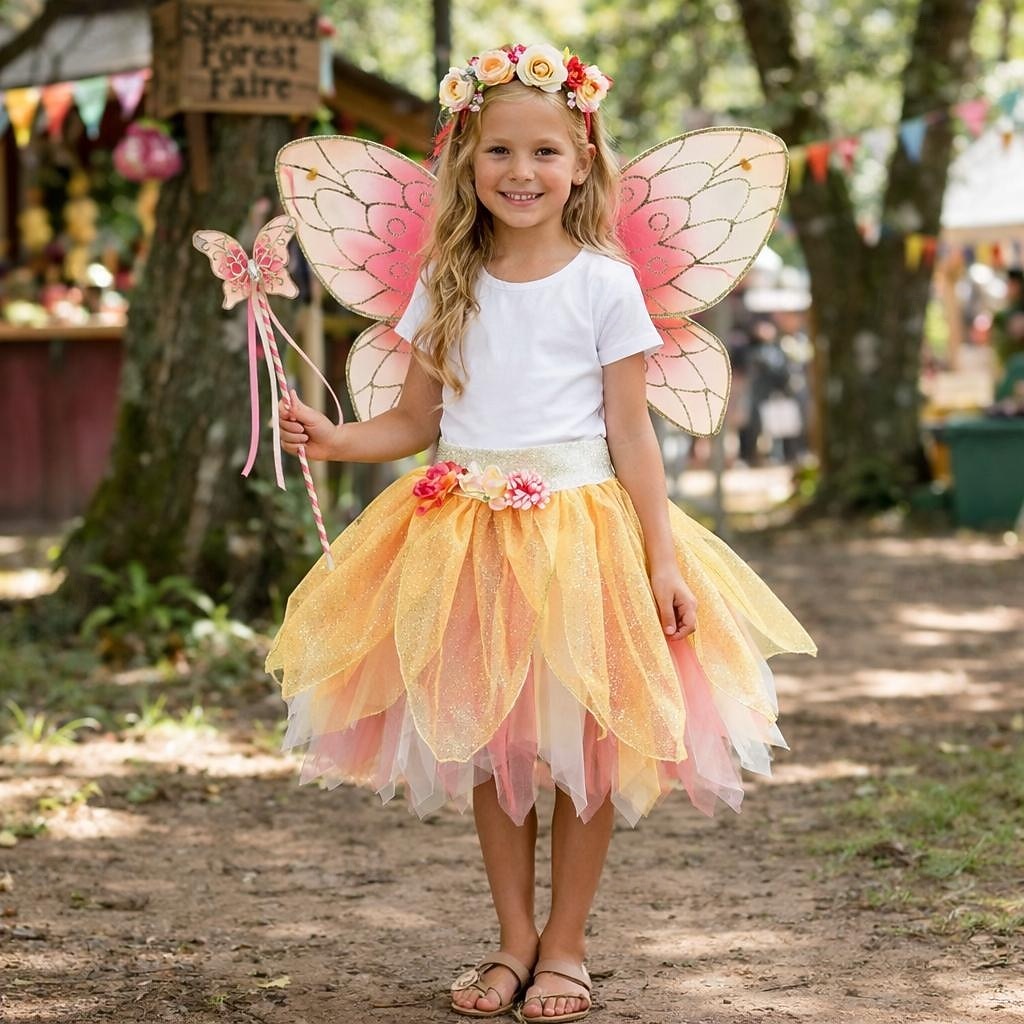 Set Medievale Rinascimento Elegante Lunghezza al ginocchio Gonna Ali Copricapo con accessori Fata Farfalla Floreale Costume Ragazze Fantasia Halloween Carnevale Feste Fiera Rinascimentale Bambini del 2026 a $51.99 –P7