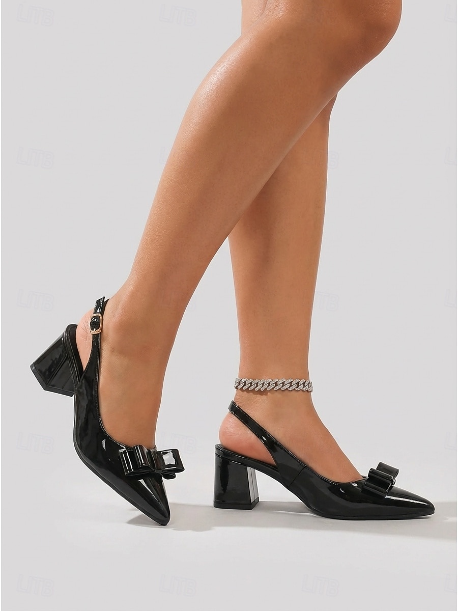 Elegante damespumps van marineblauw lakleer - chique pumps met spitse neus en strik. &Stevige blokhak voor kantoorwerk, business casual &dagelijkse professionele kleding 2026 - $46.99 –P2