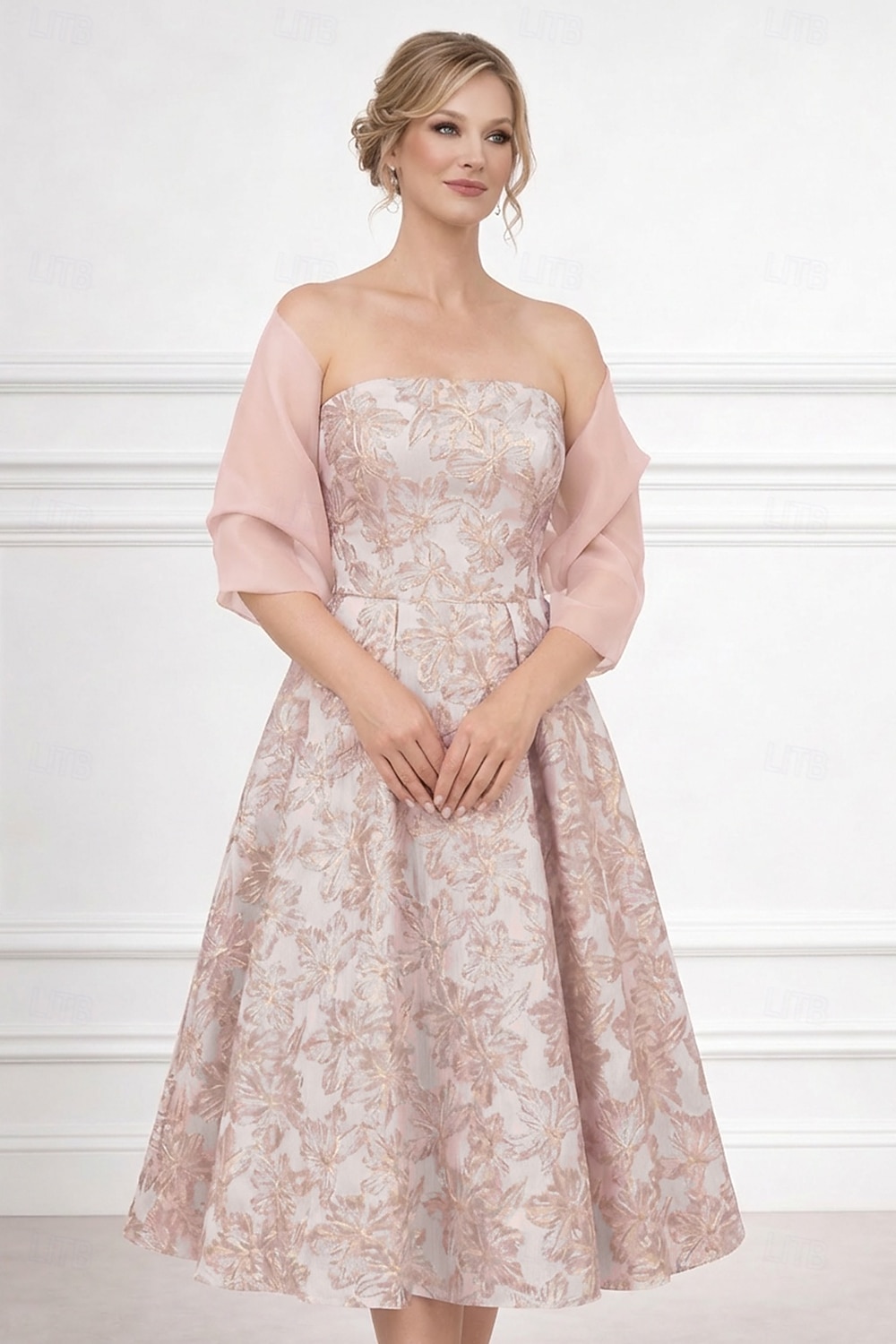 A-Linie Tee-Länge Kleid für Hochzeitsgäste Brautmutterkleid Ärmellos Trägerlos Elegant Einfach Minimalistisch Formell Cocktailparty Semi-Formal Jacquard Mit Schal mit Falten 2026 - $182.99 –P2