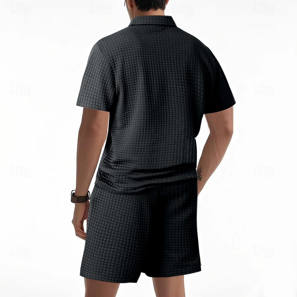 Herre Polo T-skjorte drakter Joggedress Shorts og T-skjorte sett Kortermet Kort Erme Aftæpning Sommer Fargeblokk Gymnastik Fritid Jacquard Glidelås 2 deler Avslappet Feriereise Dagligdagstøy Svart 2026 - $35.99 –P14