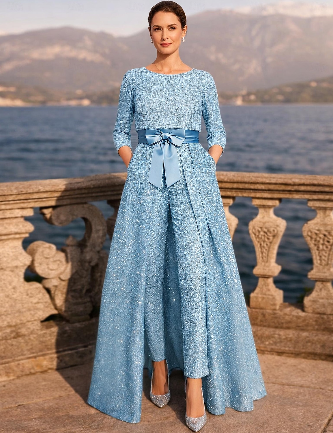 formal pantsuit dress Jumpsuit Pantsuit 3 Piece Ankle Length Mother of the Bride Dress 3/4 Length  Sleeve Scoop Neck Elegant Sparkle & Shine Formal Wedding Guest Satin with  Bow(s) 2026