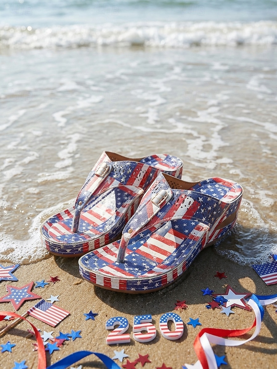 صنادل نسائية حمراء وزرقاء مطبوعة عليها علم الولايات المتحدة الأمريكية بمناسبة الذكرى السنوية الـ 250، شباشب صيفية مريحة ووطنية ليوم الاستقلال وحفلات الأعياد &ملابس كاجوال 2026 - $24.99 –P8