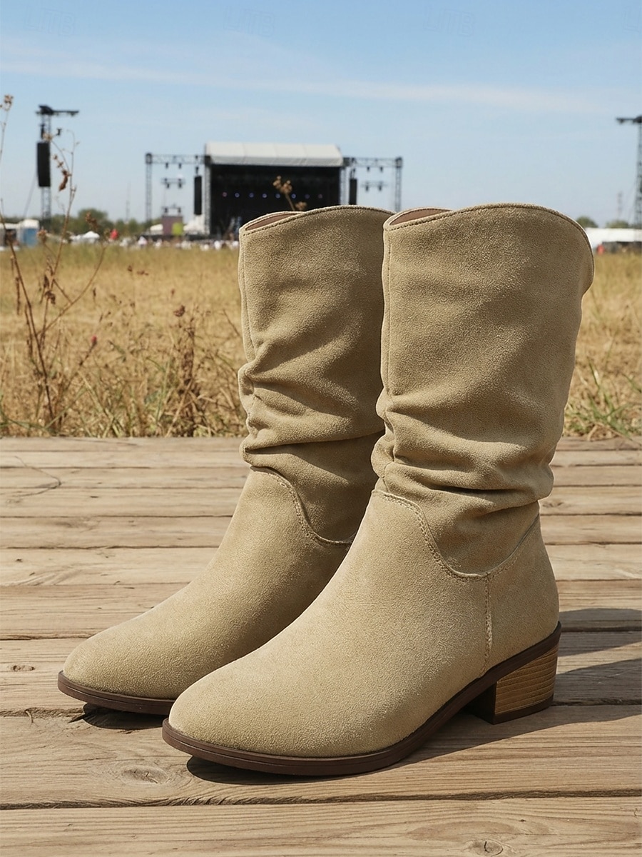 khaki westernstøvletter i semsket skinn til dame – vintage broderte cowboystøvletter med kraftig hæl til musikkfestivaler og Coachella-antrekk &countrykonserter 2026 - $42.99 –P4