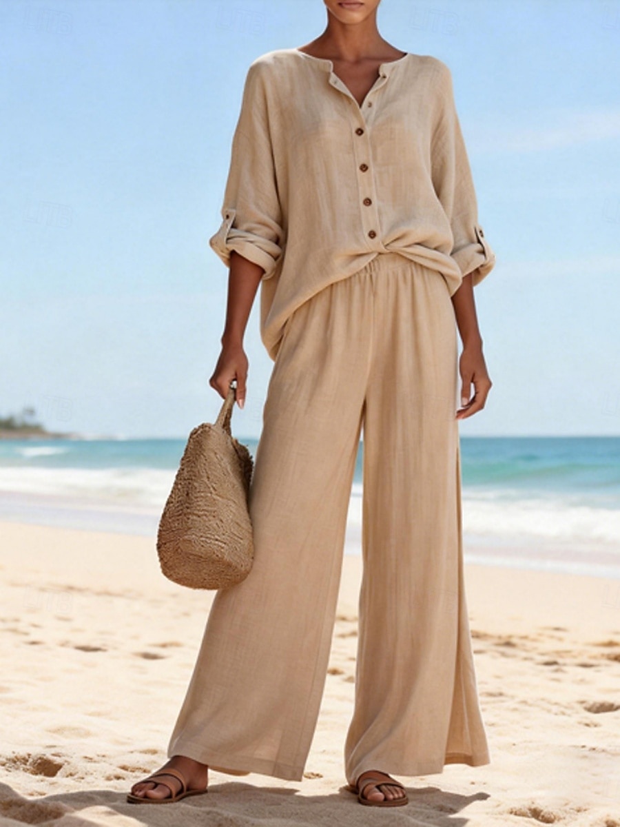 Dame Linsett i bomull Buksesett Imitert bomullslin Langermet Crew-hals Helfarge Elegant Mote Gatemote Avslappet Daglig utendørs Blå Hvit Rosa Sommer Normal 2026 - $45.99 –P3