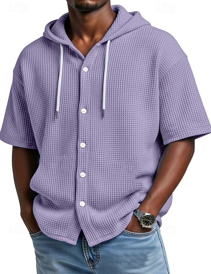 Voor heren Overhemd Wafel Shirt Normaal shirt Overhemd met knopen Wit Korte mouw Effen Kleur Effen Capuchon Casual Dagelijks Lapwerk Kleding Vakantie Modieus Casual 2026 - $30.99 –P7