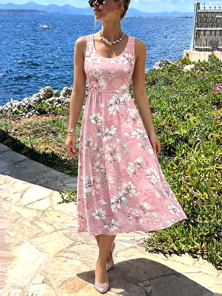 Women's Midi Dress Sundress A Line Dress Slip Dress Pleated Dress Vacation Casual Boho Beach Date Regular Fit Floral Graphic Sleeveless U Neck Pink Summer Spring 2026 - $33.99 –P2