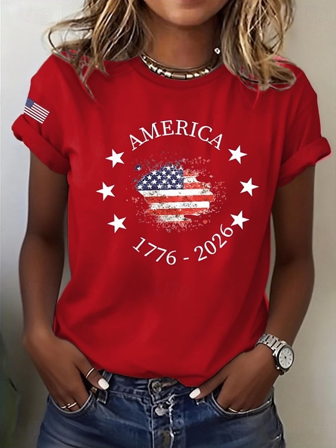 Amerikan itsenäisyyspäivä Naisten T-paita Painettu Kuvitettu Lippu Kirjain Vintage Tyylikäs Klassinen Lyhythihainen Tiukka pyöreä kaula-aukko Tavalliset topit Päivittäin Sininen Musta Valkoinen 2026 - $22.99 –P4