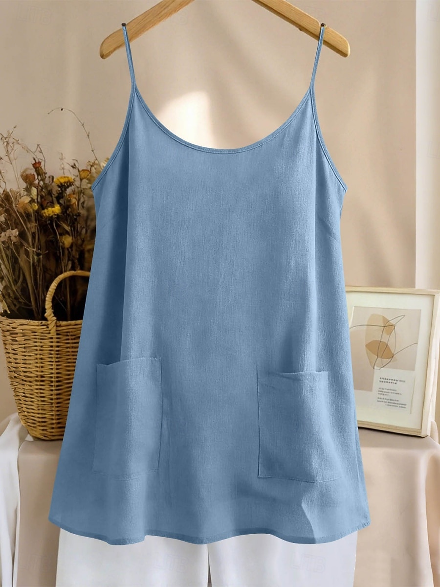 Regata feminina com bolso, lisa, moderna, elegante, clássica, sem mangas, gola redonda, ideal para uso diário, passeios e fins de semana. Cores: azul, preta, branca, amarela, rosa. Verão e primavera. de 2026 por $18.49 –P19