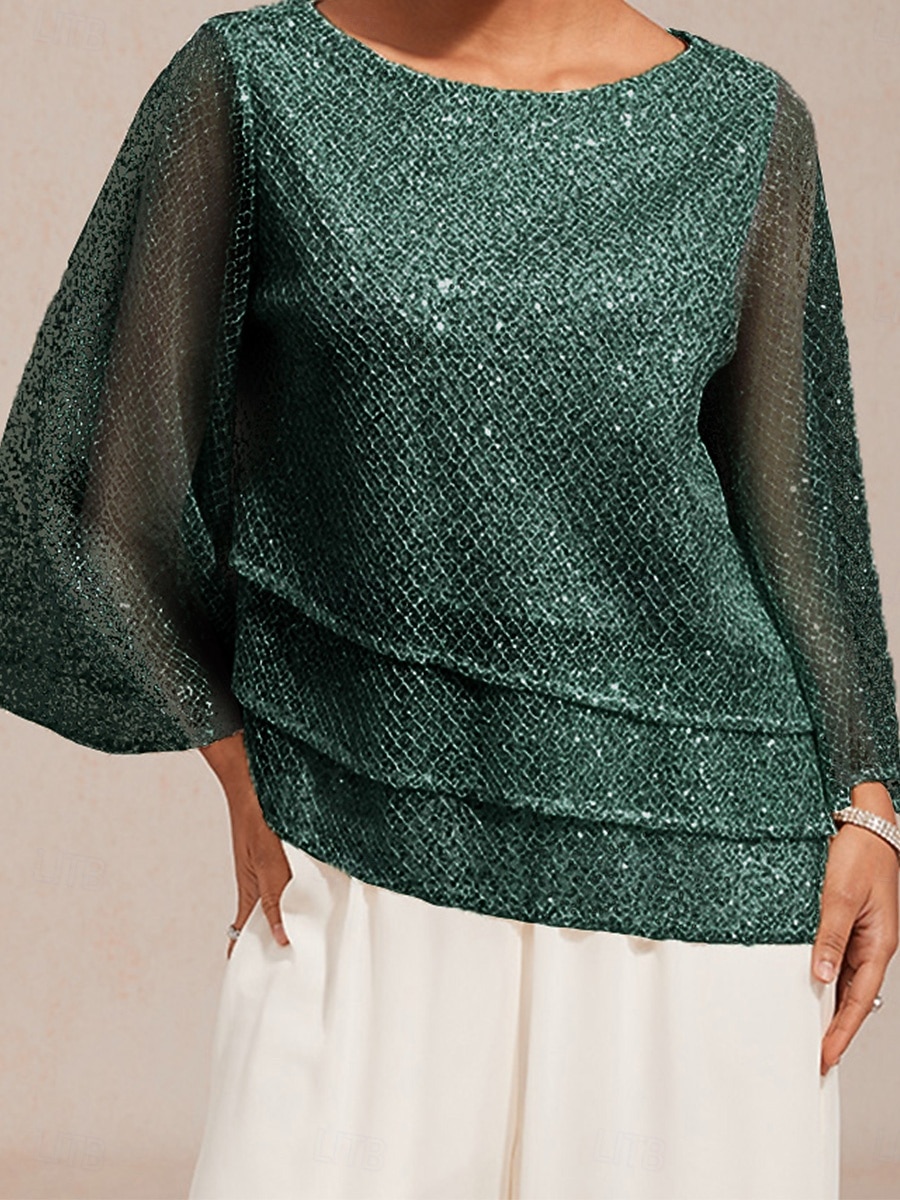 בגדי ריקוד נשים חולצות תחרה פאייטים אשליה צבע אחיד אלגנטית מסוגנן שרוול 4\3 פעמון צווארון עגול קצר חולצות ארוכות יומי אורחת חתונה בגדי נופש ירוק האנטר קיץ אביב סתיו 2026 - $76.99 –P2