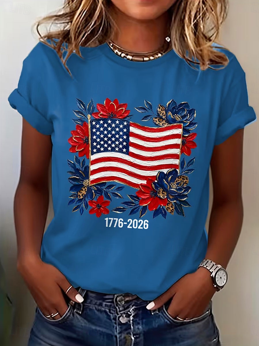 Dia da Independência Americana Mulheres Camiseta Imprimir Gráfico Letra Vintage à moda Clássico Manga Curta Gola Redonda Tops regulares Diário Azul Preto Branco Verão Primavera de 2026 por $22.99 –P2