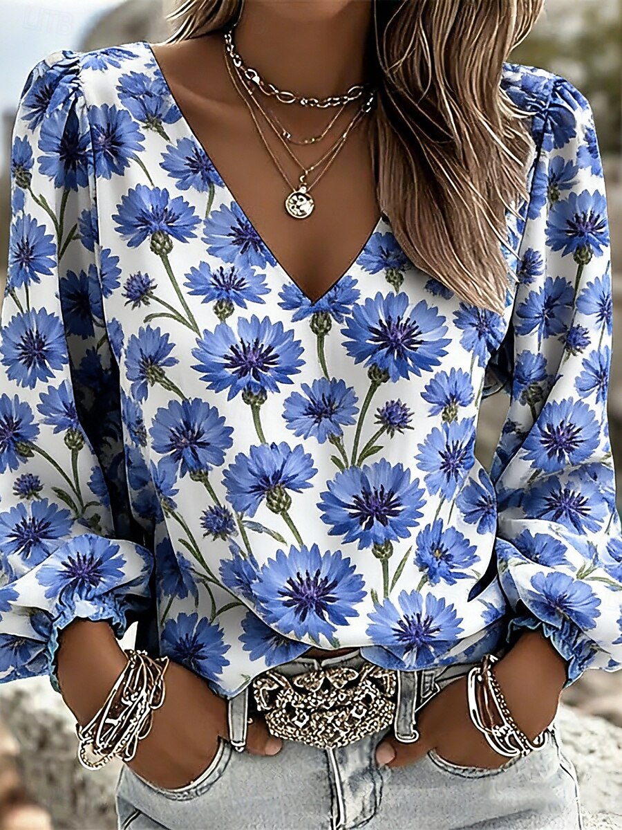 Women's Blouse Print Floral Stylish Casual Long Sleeve V Neck Regular Tops Daily Blue Sage Green Black Yellow Pink Summer Spring Fall 2026 - $25.99 –P1