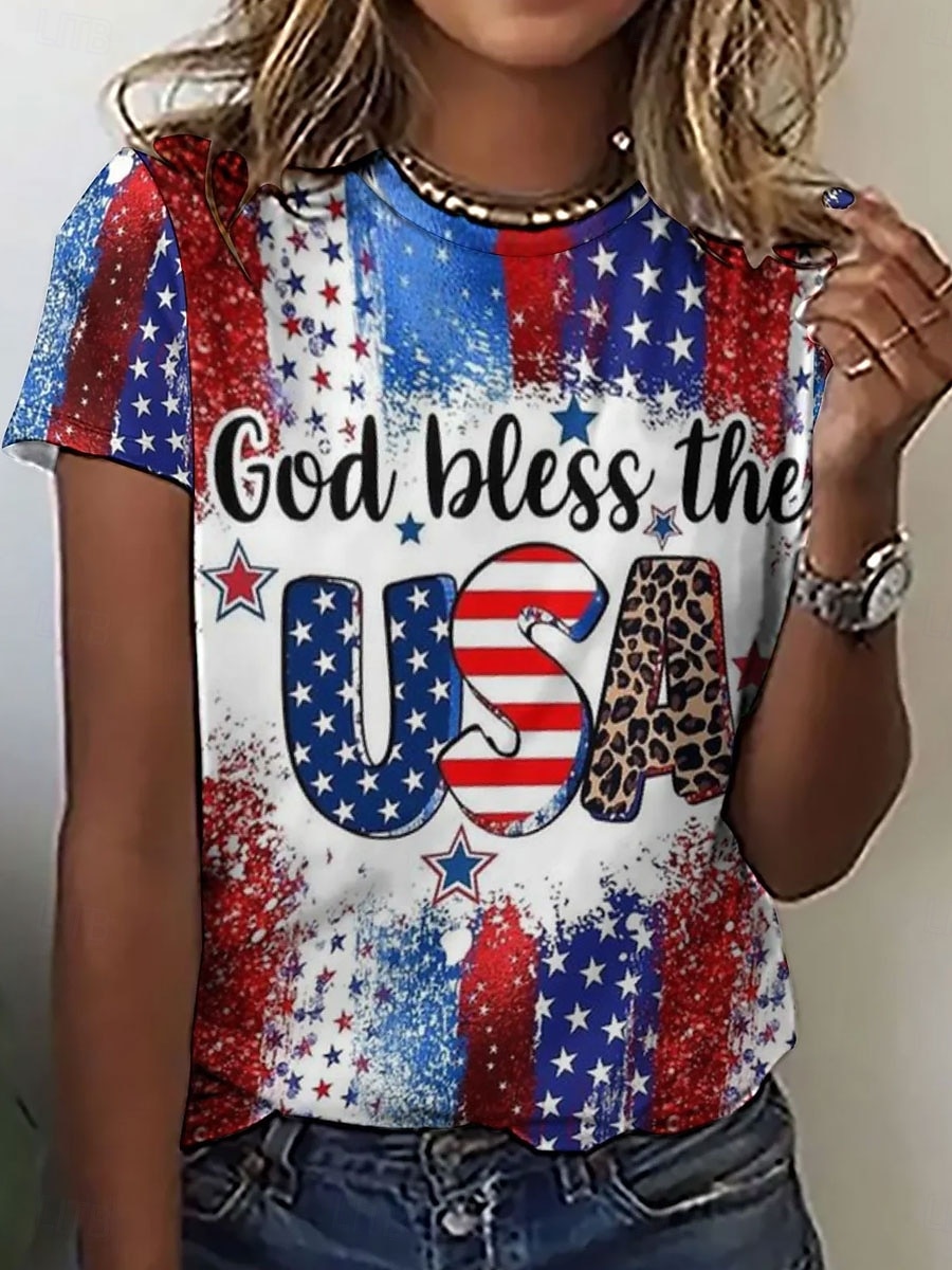 American Independence Day Women's T Shirt Print Graphic Letter American Flag Stylish Classic Casual Short Sleeve Crew Neck Regular Tops Daily Blue Summer Spring 2026 - $22.99 –P1