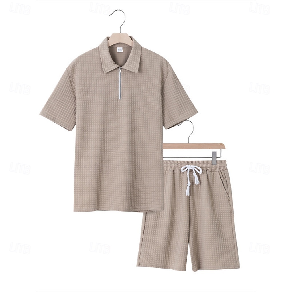 Herre Polo T-skjorte drakter Joggedress Shorts og T-skjorte sett Kortermet Kort Erme Aftæpning Sommer Fargeblokk Gymnastik Fritid Jacquard Glidelås 2 deler Avslappet Feriereise Dagligdagstøy Svart 2026 - $35.99 –P5
