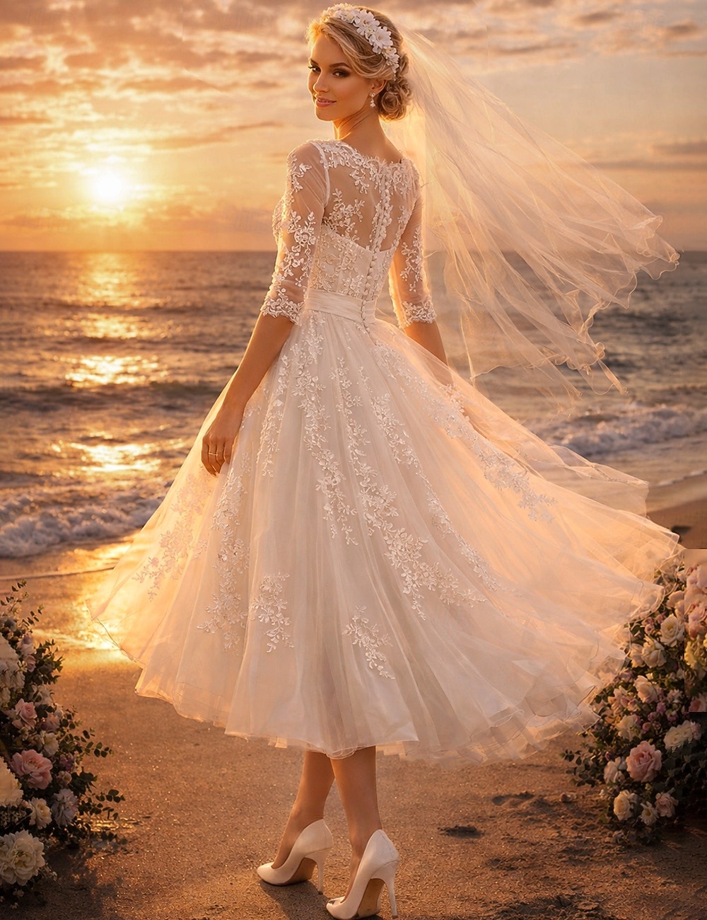 A-Linie Tee-Länge Hochzeitskleider Brautkleider Brautkleid Vintage 1940er / 1950er Kleine Weiße Kleider Dreiviertelarm Illusionsausschnitt Abschlussfeier Geburtstag Spitze Tüll mit Applikationen 2026 - $183.99 –P2