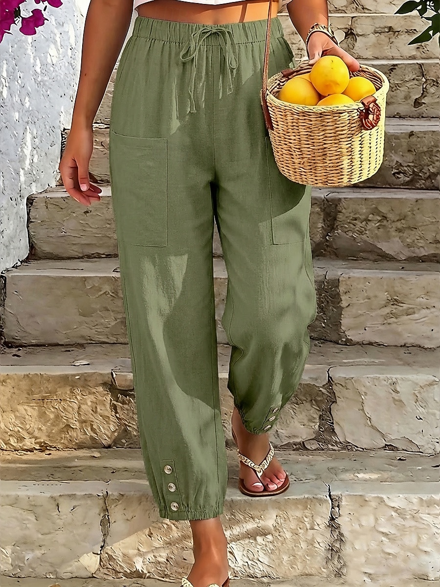 Γυναικεία Βαμβακερό λινό παντελόνι Καλοκαίρι παντελόνι Παντελόνια με κοψίματα Παντελόνι παραλίας Απλός Καθημερινό Ανατομικό Μέχρι τον αστράγαλο Μεσαία Μέση Μονόχρωμες Τσέπη Ελαστική μέση Αναπνέει 2026 - $18.49 –P6