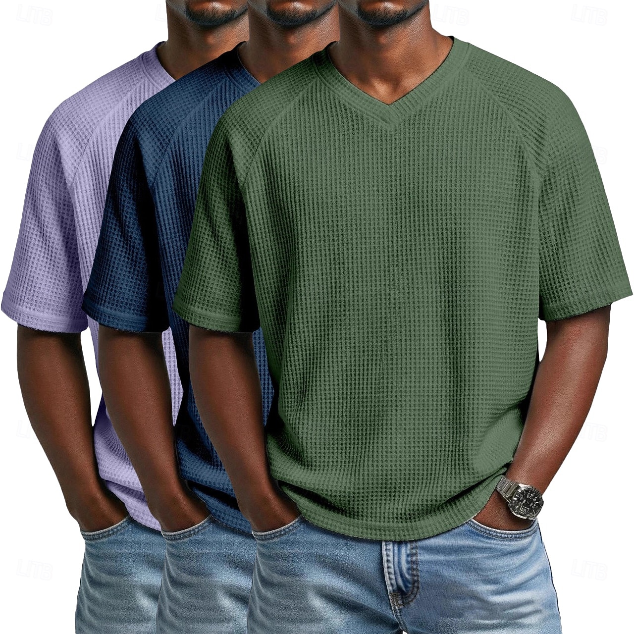 3 pezzi t-shirt da uomo waffle maglietta a maniche corte scollo a V estate tinta unita testurizzata alla moda designer casual multipack maniche raglan casual quotidiano esterno blu bianco maglietta del 2026 a $51.99 –P8