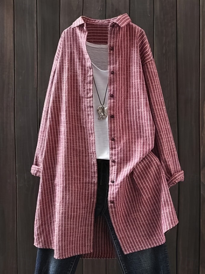 Dame Bluse Knapper Trykt mønster Stripet Årgang Stilfull Fritid Langermet Skjortekrage Lange topper Daglig Svart Sommer Vår Høst 2026 - $24.99 –P6