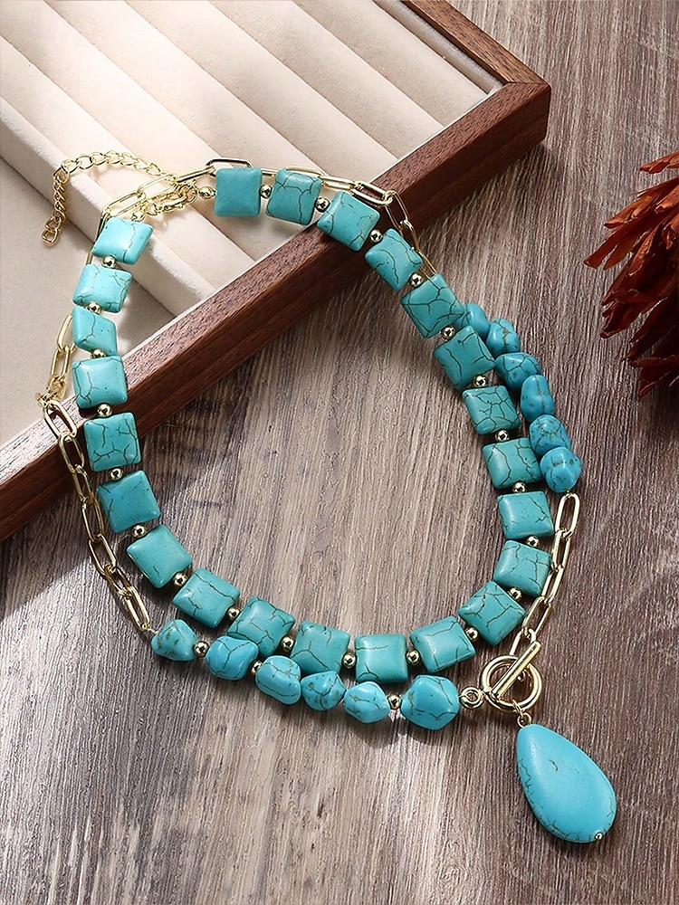قلادة نسائية بوهيمية متعددة الطبقات من الفيروز، وقلادة من الخرز المصنوع من الأحجار الصناعية وسلسلة من سبيكة الذهب مع قلادة على شكل دمعة، مناسبة لعطلات الصيف الشاطئية البوهيمية والاستخدام اليومي غير الرسمي 2026 - $11.99 –P4