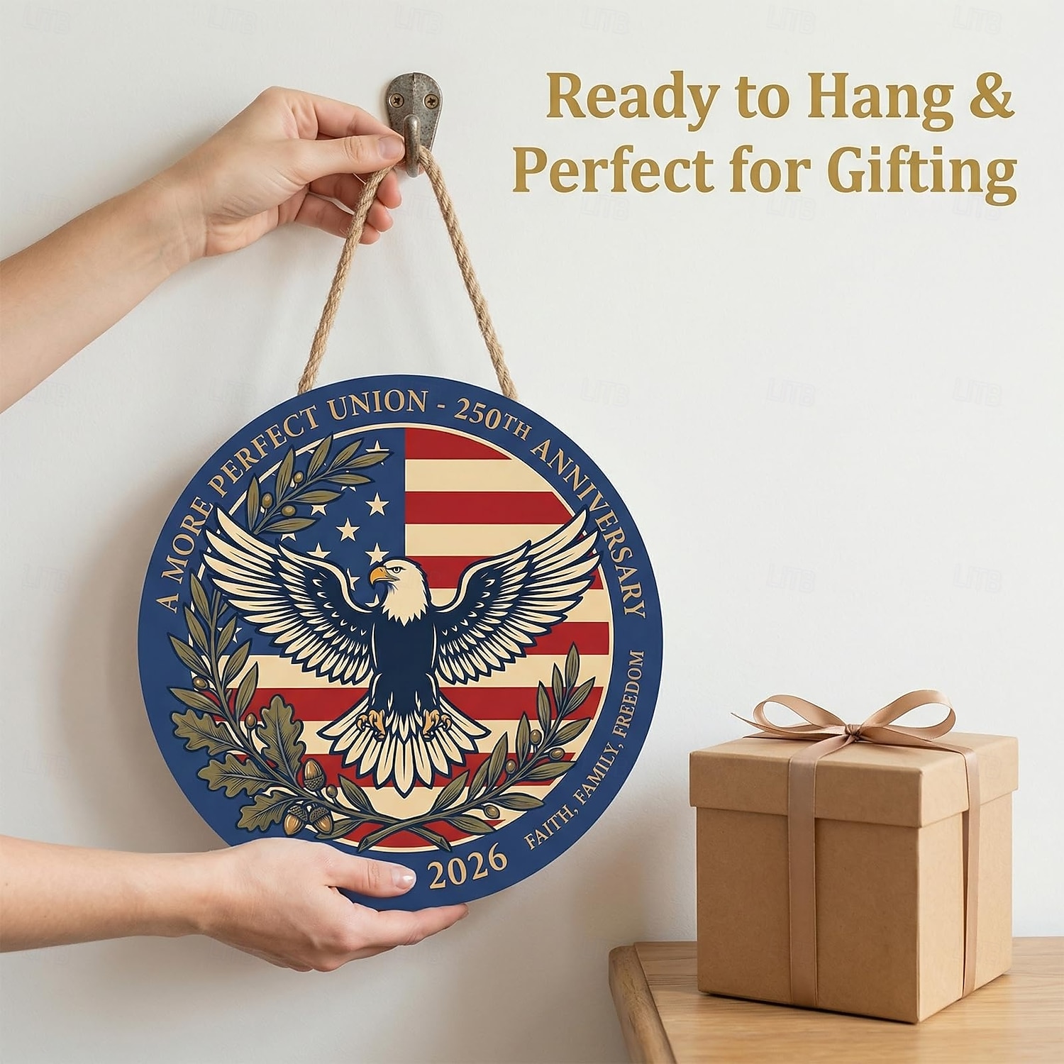 Az USA 250. évfordulójára készült fa ajtótábla – 30 cm-es kerek, fából készült tornácdísz kopasz sassal és zászlóval, hazafias július 4-i dekoráció, 1776–2026 közötti függetlenség napja 2026 - $12.99 –P5