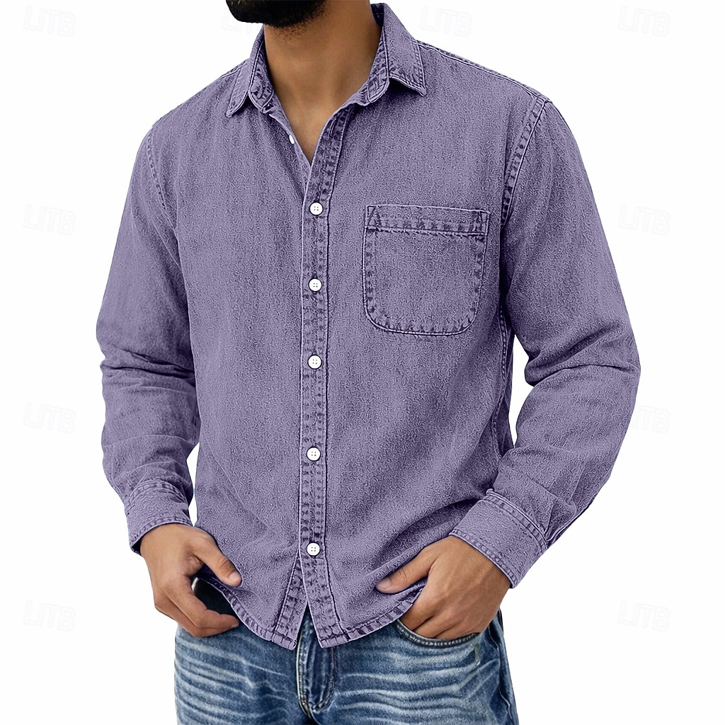 Men's Shirt Casual Shirt Vintage Shirt Button Up Shirt 100% Cotton Acid Wash Shirt Blue Black Light Green Wine Navy Blue Long Sleeve Plain Lapel Streetwear Going out Pocket Clothing Apparel Cotton 2026 - $31.99 –P14