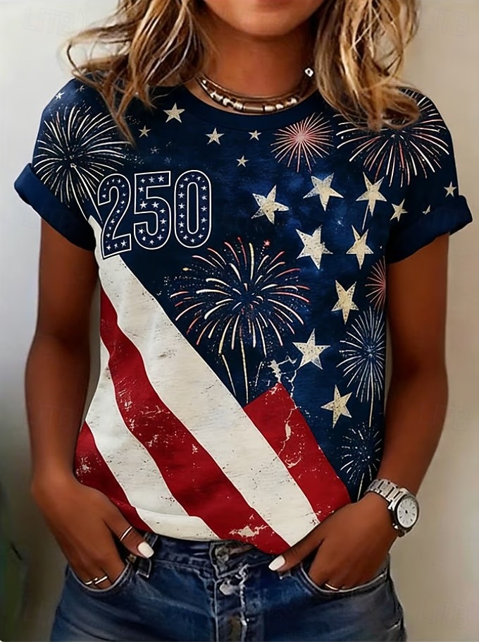Amerikansk uavhengighetsdag Dame T skjorte Trykt mønster Grafisk Bokstaver Amerikansk flagg Årgang Stilfull Klassisk Kortermet Crew-hals Vanlige topper Daglig Hvit Rød Navyblå Rød / Blå Sommer Vår 2026 - $22.99 –P7