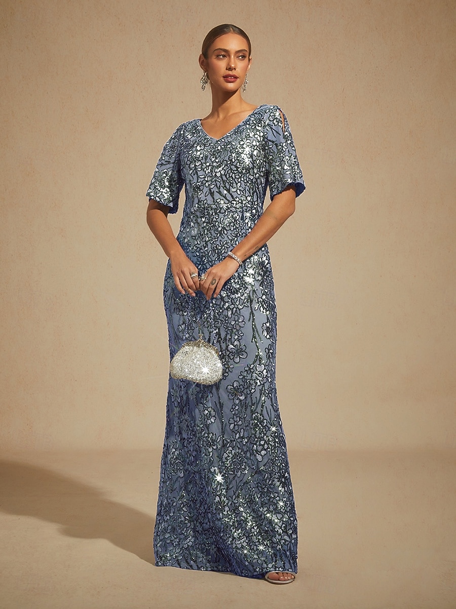 Dam Maxiklänning Sheath Dress Elegant Kall axel Kvällsfest Paljetter Broderi Normal Blommig Kortärmad V-hals Dammig blå 2026 - $208.19 –P1