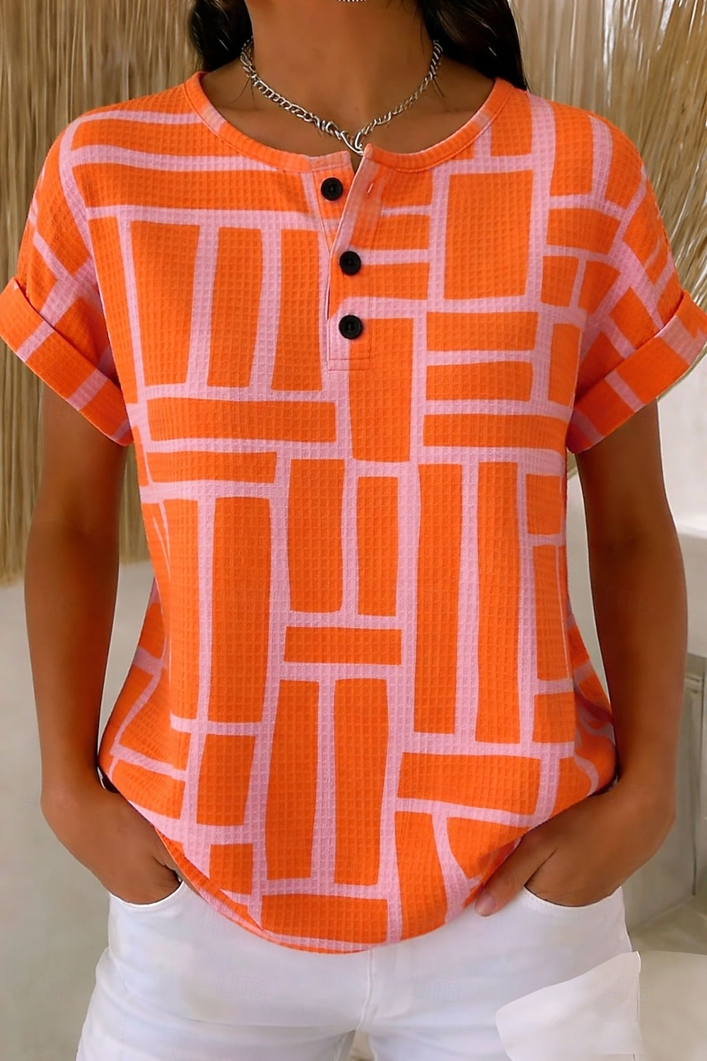T-shirt waffle per donna a blocchi di colore con stampa a bottoni frontali grafica geometrica vintage elegante classica maniche corte a girocollo top regolari quotidiani rosa arancione beige estivo del 2026 a $24.99 –P2