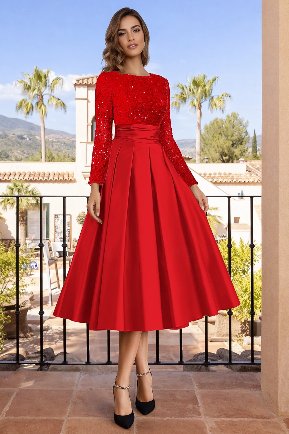 Linea ad A Lunghezza Tè Abiti da Cocktail Abiti da festa Elegante Brillanti Manica Lunga Girocollo Natale Ospite di nozze Raso Velluto con Pieghe Paillettes del 2026 a $126.99 –P8