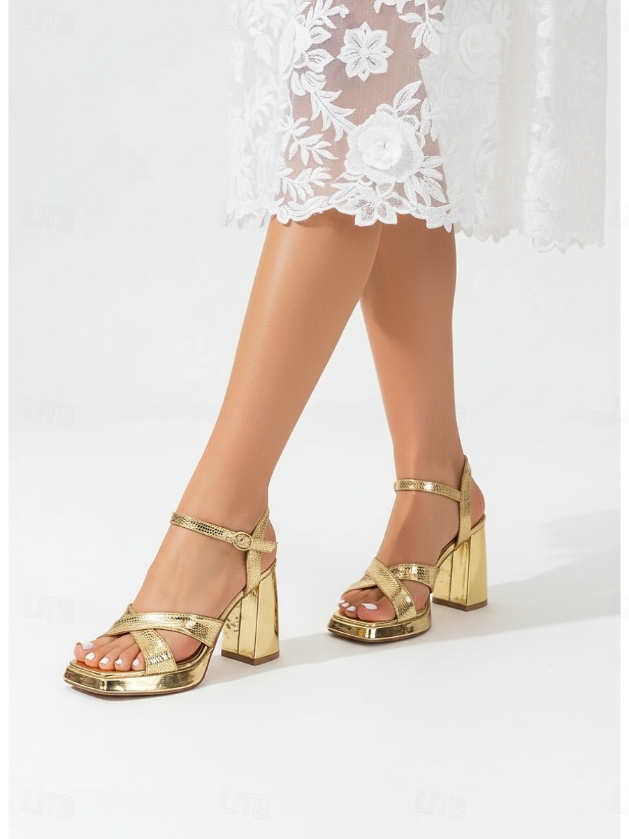 Eleganti sandali da donna con plateau metallizzato color oro: sandali con tacco alto a blocco e punta quadrata con cinturino alla caviglia, perfetti per vacanze in resort di lusso, feste serali e matrimoni. del 2026 a $54.99 –P1