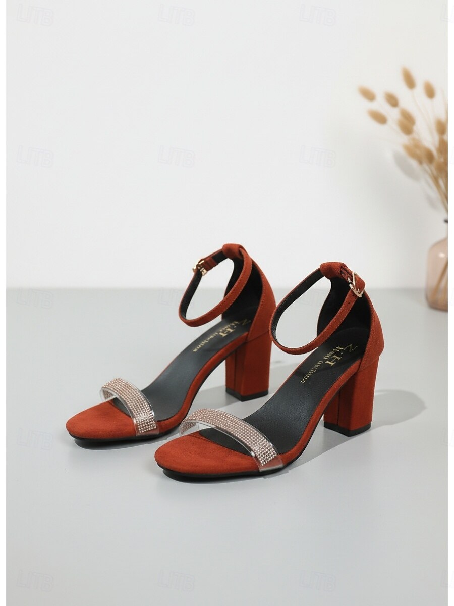 Women's Orange Red Block Heel Sandals - Elegant Ankle Strap Heels with Sparkling Rhinestone Band for Summer Evening Parties, Luxury Resort Vacations & Formal Galas 2026 - $29.99 –P4