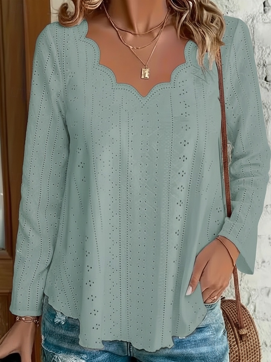 Mujer Camisa de punto Parte superior con ojales Blusa Ahuecado Plano Activo Casual Manga Larga Escote en Pico Tops regulares Casual Diario Playa Azul Piscina Negro Blanco Rosa Verde Trébol Verano 2026 - $26.99 –P4