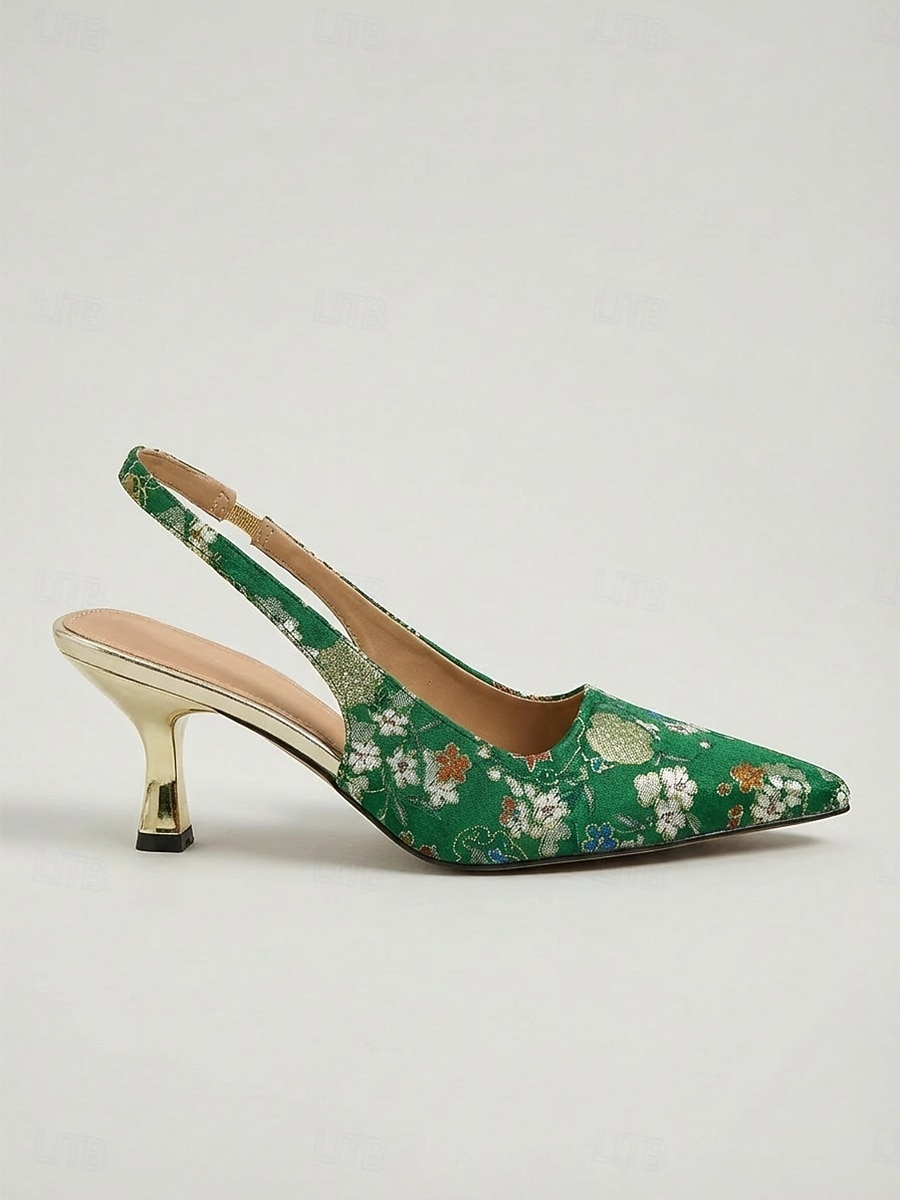 Escarpins à bride arrière verts fleuris pour femme, ornés d'un talon sculpté ; chaussures élégantes pour la mère de la mariée lors d'un mariage en ville ; escarpins pointus d'inspiration vintage pour de 2026 ? $46.99 –P2