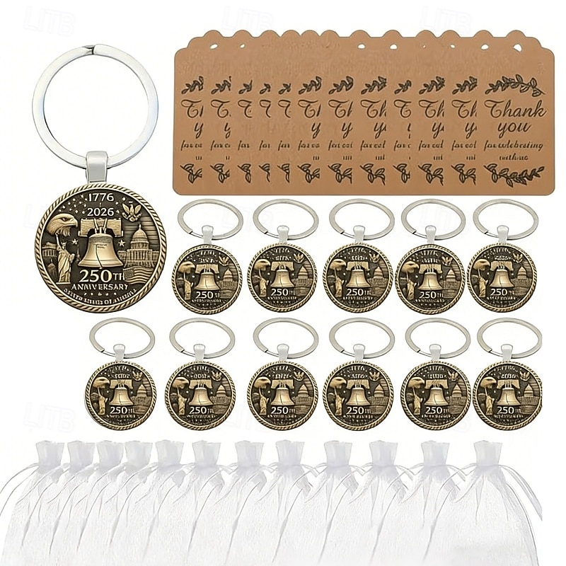 36-delige set sleutelhangers ter ere van het 250-jarig jubileum - 12 sleutelhangers / 12 kaartjes / 12 organzazakjes, plat 2D-ontwerp met het Vrijheidsbeeld en een adelaar, 250 jaar 1776-2026, ideaal 2026 - $28.99 –P3